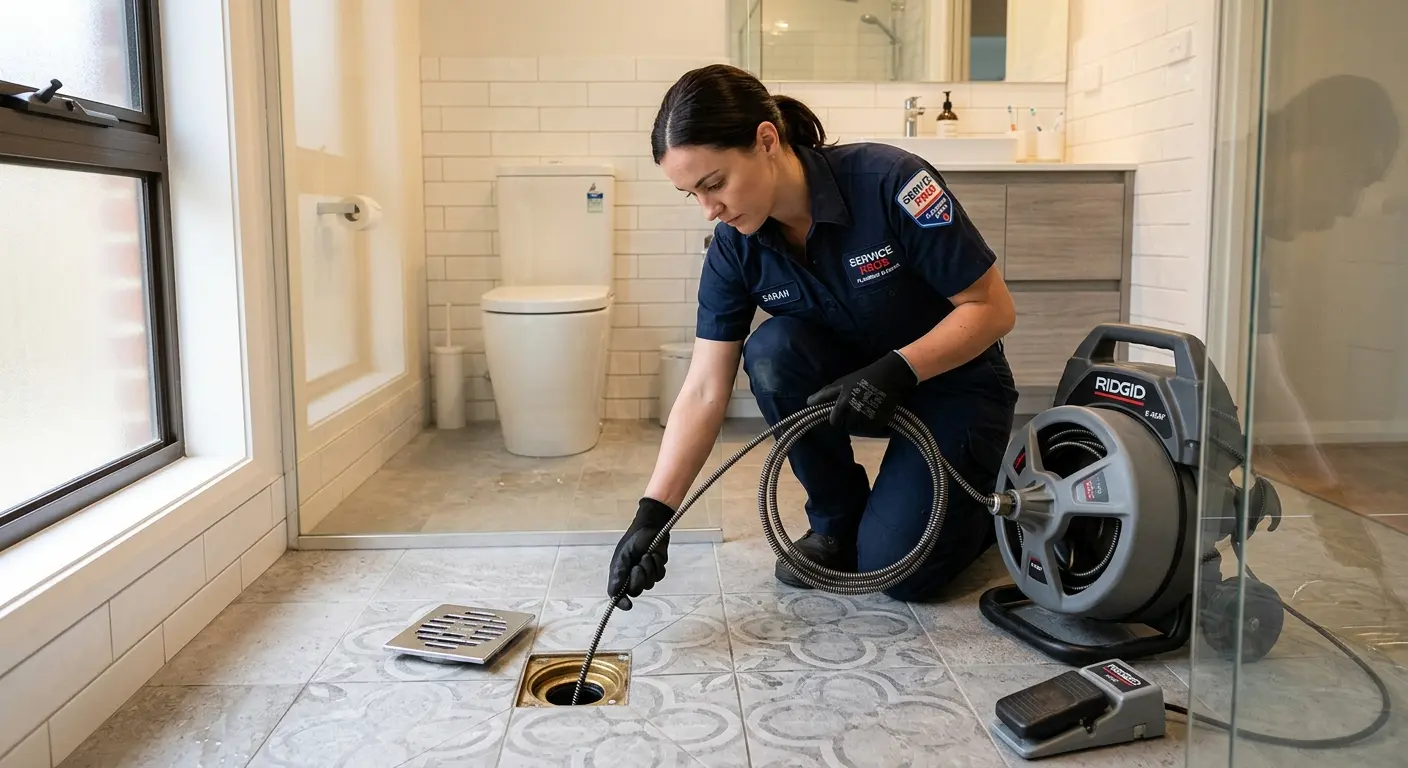 Technician clearing a bathroom floor drain for Hydro Jetting in Greenville